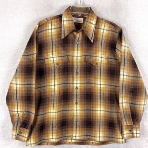 VTG Carl Michaels Shirt L Brown Plaid Flannel Dagger Collar Classic Western 70s